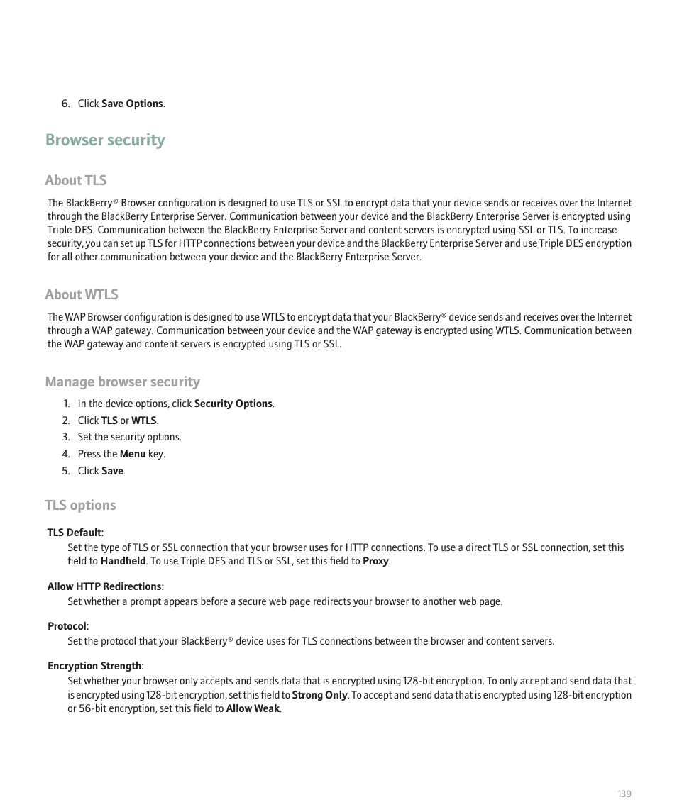 Browser security, About tls, About wtls | Manage browser security, Tls options | Blackberry 8320 User Manual | Page 141 / 288