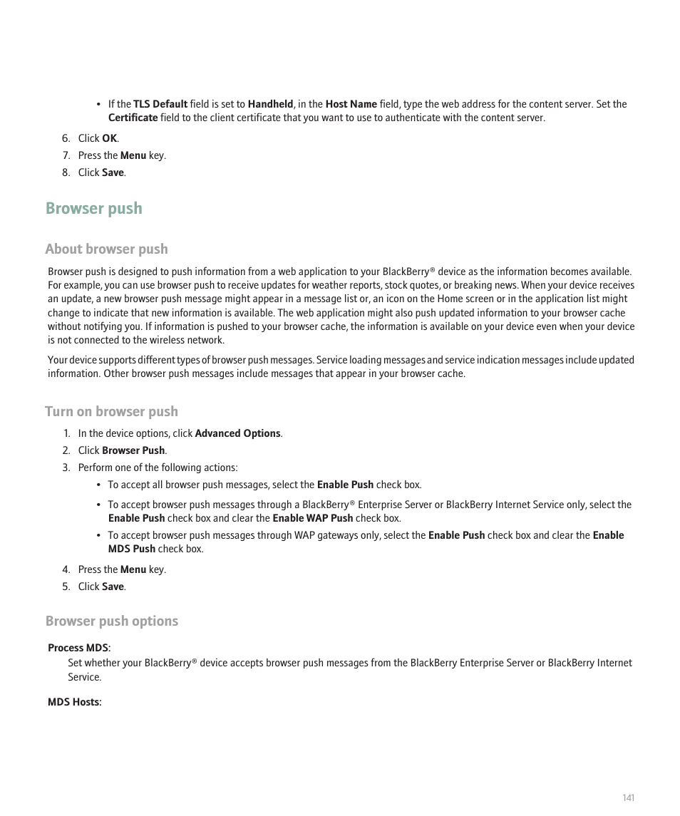 Browser push, About browser push, Turn on browser push | Browser push options | Blackberry 8320 User Manual | Page 143 / 288