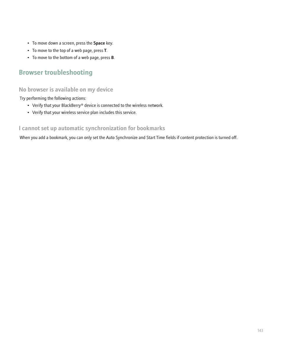 Browser troubleshooting, No browser is available on my device | Blackberry 8320 User Manual | Page 145 / 288