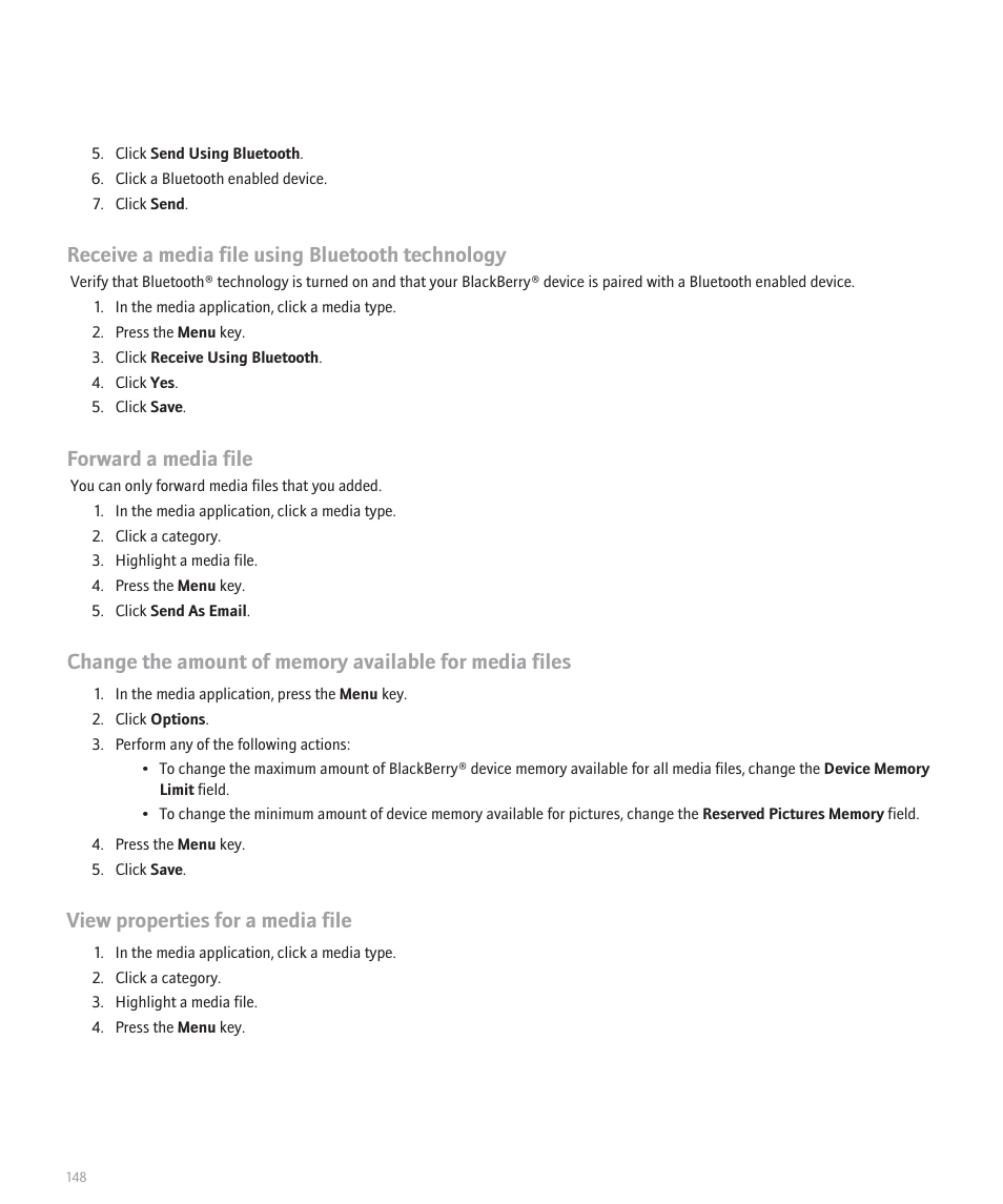 Receive a media file using bluetooth technology, Forward a media file, View properties for a media file | Blackberry 8320 User Manual | Page 150 / 288