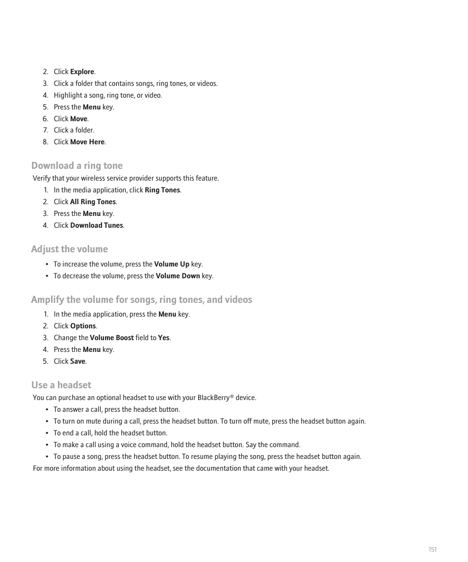 Download a ring tone, Adjust the volume, Use a headset | Blackberry 8320 User Manual | Page 153 / 288