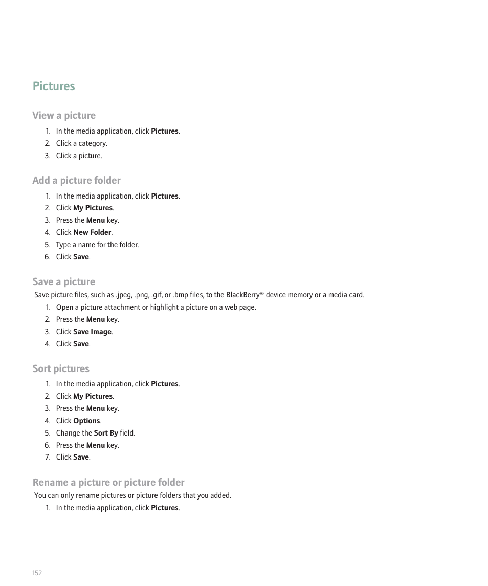 Pictures, View a picture, Add a picture folder | Save a picture, Sort pictures, Rename a picture or picture folder | Blackberry 8320 User Manual | Page 154 / 288