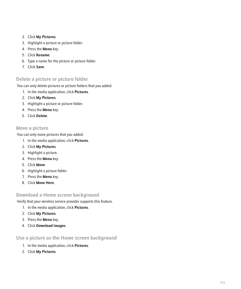 Delete a picture or picture folder, Move a picture, Download a home screen background | Use a picture as the home screen background | Blackberry 8320 User Manual | Page 155 / 288