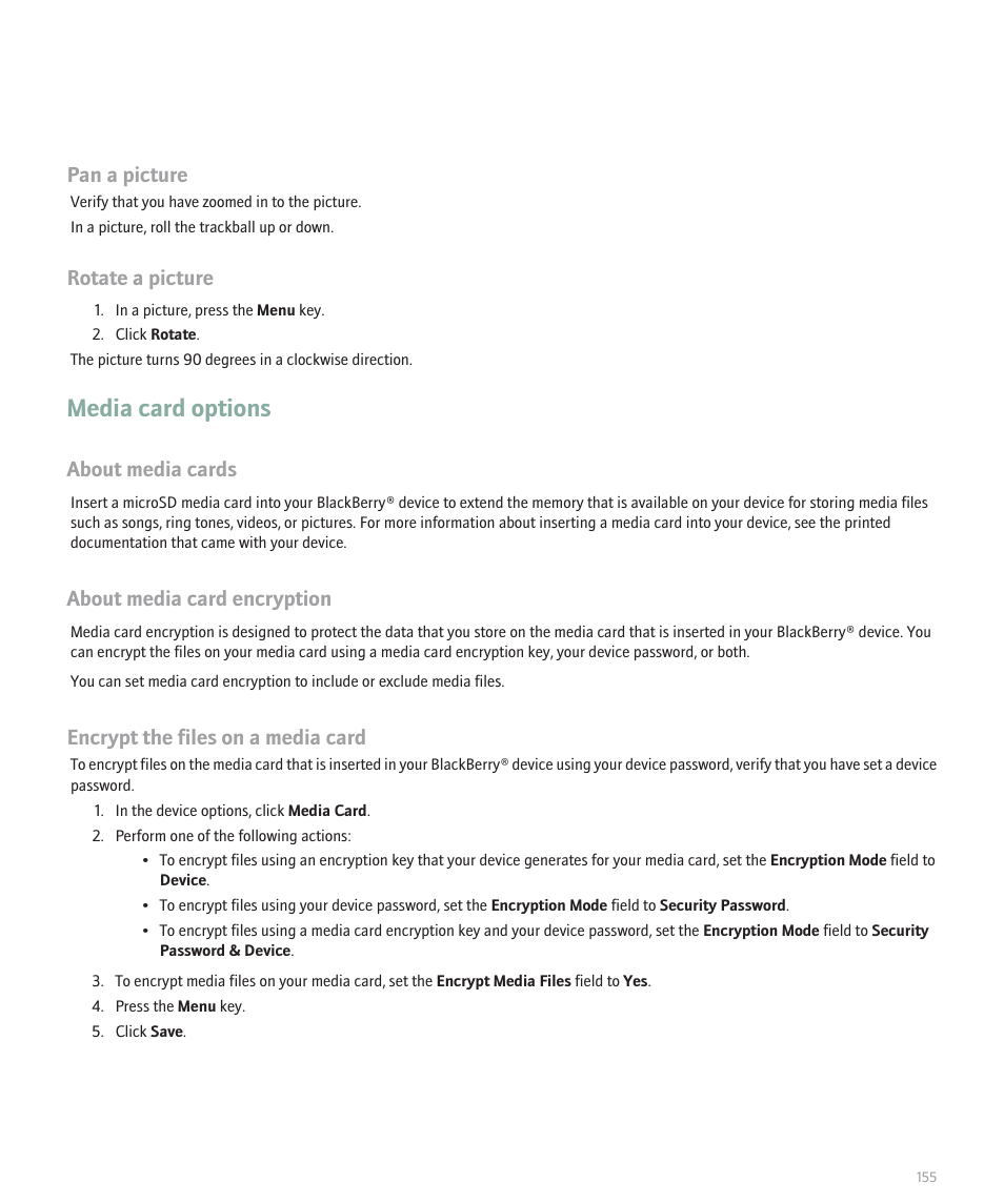 Media card options, Pan a picture, Rotate a picture | About media cards, About media card encryption, Encrypt the files on a media card | Blackberry 8320 User Manual | Page 157 / 288