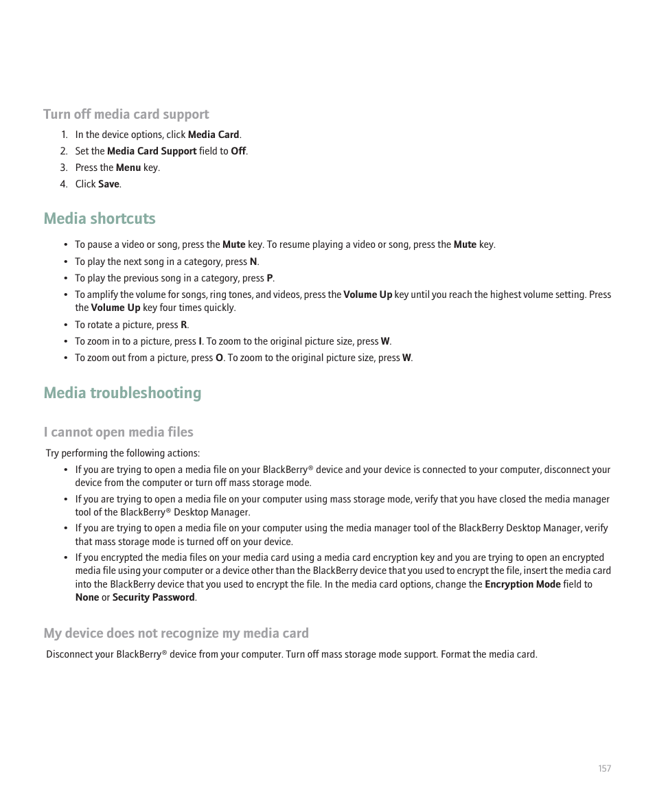 Media troubleshooting, Media shortcuts, Turn off media card support | I cannot open media files, My device does not recognize my media card | Blackberry 8320 User Manual | Page 159 / 288