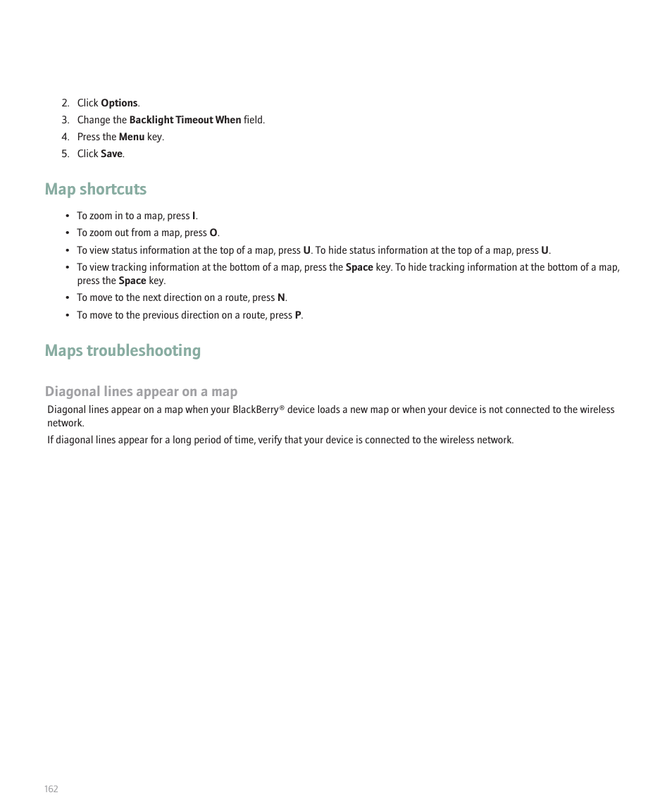 Maps troubleshooting, Map shortcuts, Diagonal lines appear on a map | Blackberry 8320 User Manual | Page 164 / 288