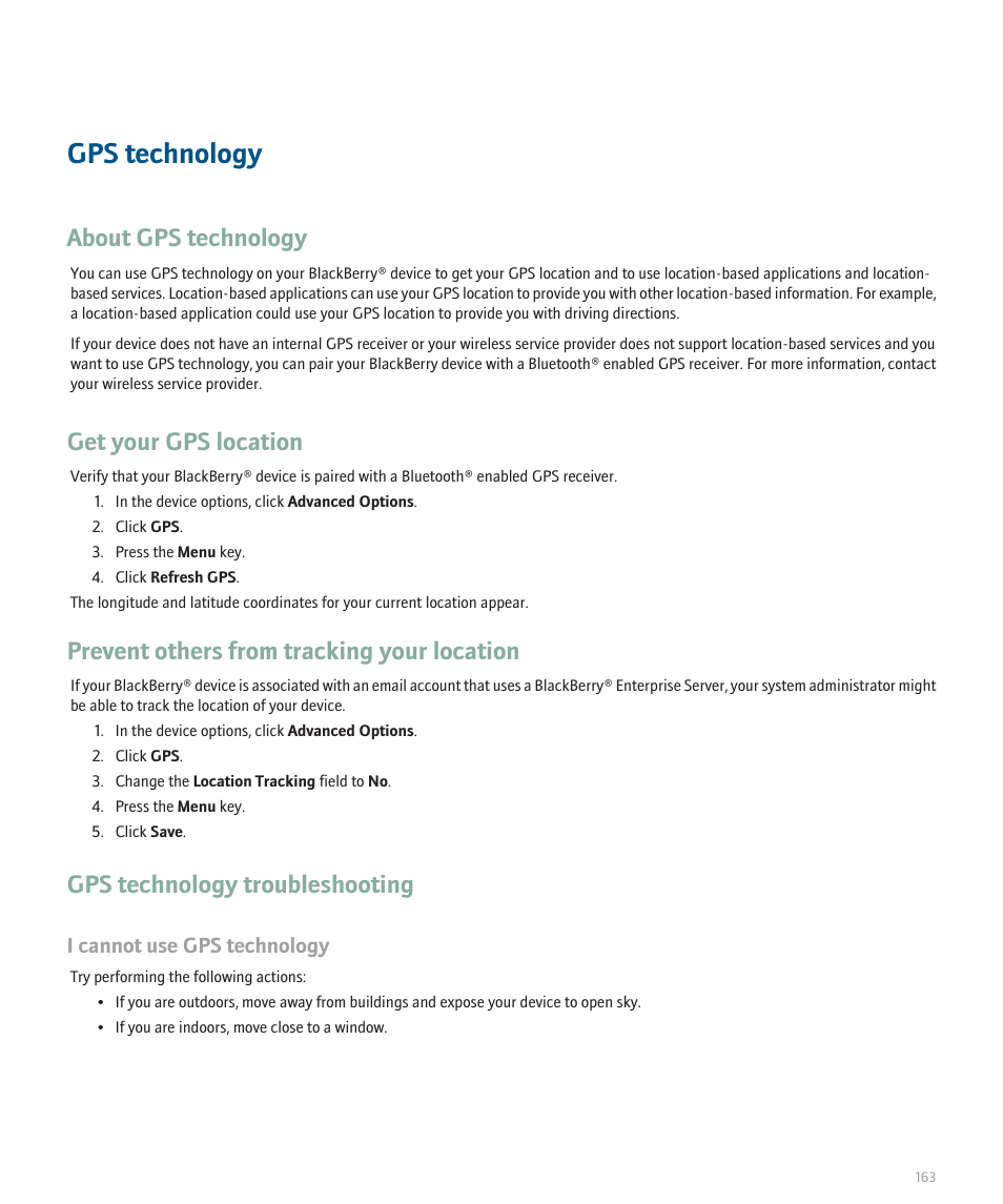 Gps technology, About gps technology, Get your gps location | Prevent others from tracking your location, Gps technology troubleshooting | Blackberry 8320 User Manual | Page 165 / 288