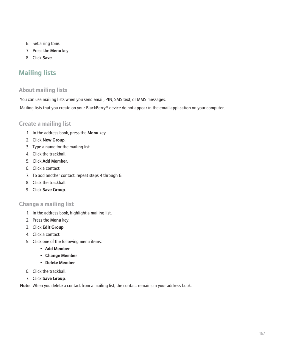 Mailing lists, About mailing lists, Create a mailing list | Change a mailing list | Blackberry 8320 User Manual | Page 169 / 288