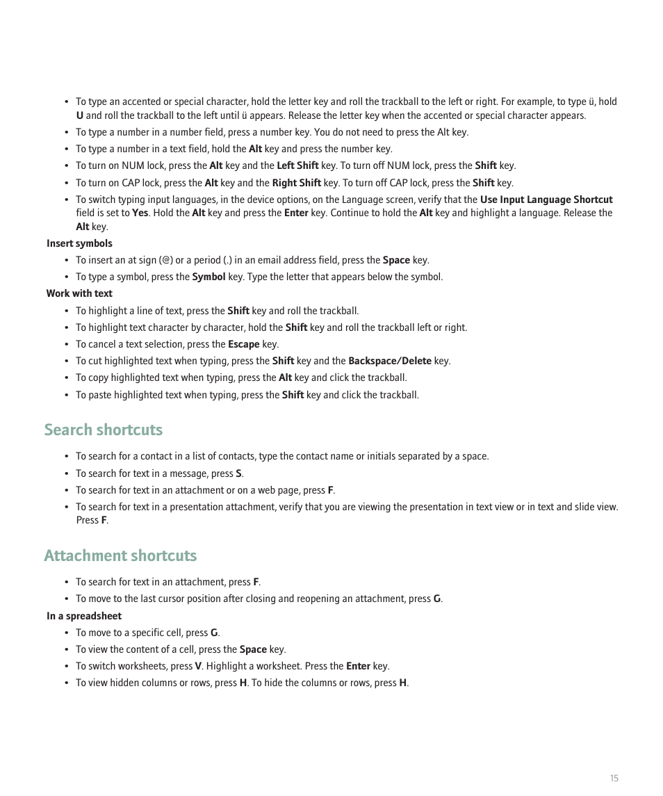 Search shortcuts, Attachment shortcuts | Blackberry 8320 User Manual | Page 17 / 288