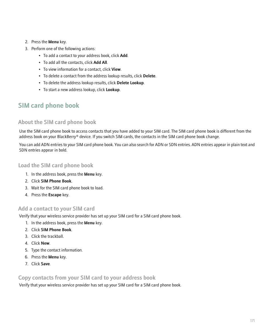 Sim card phone book, About the sim card phone book, Load the sim card phone book | Add a contact to your sim card | Blackberry 8320 User Manual | Page 173 / 288