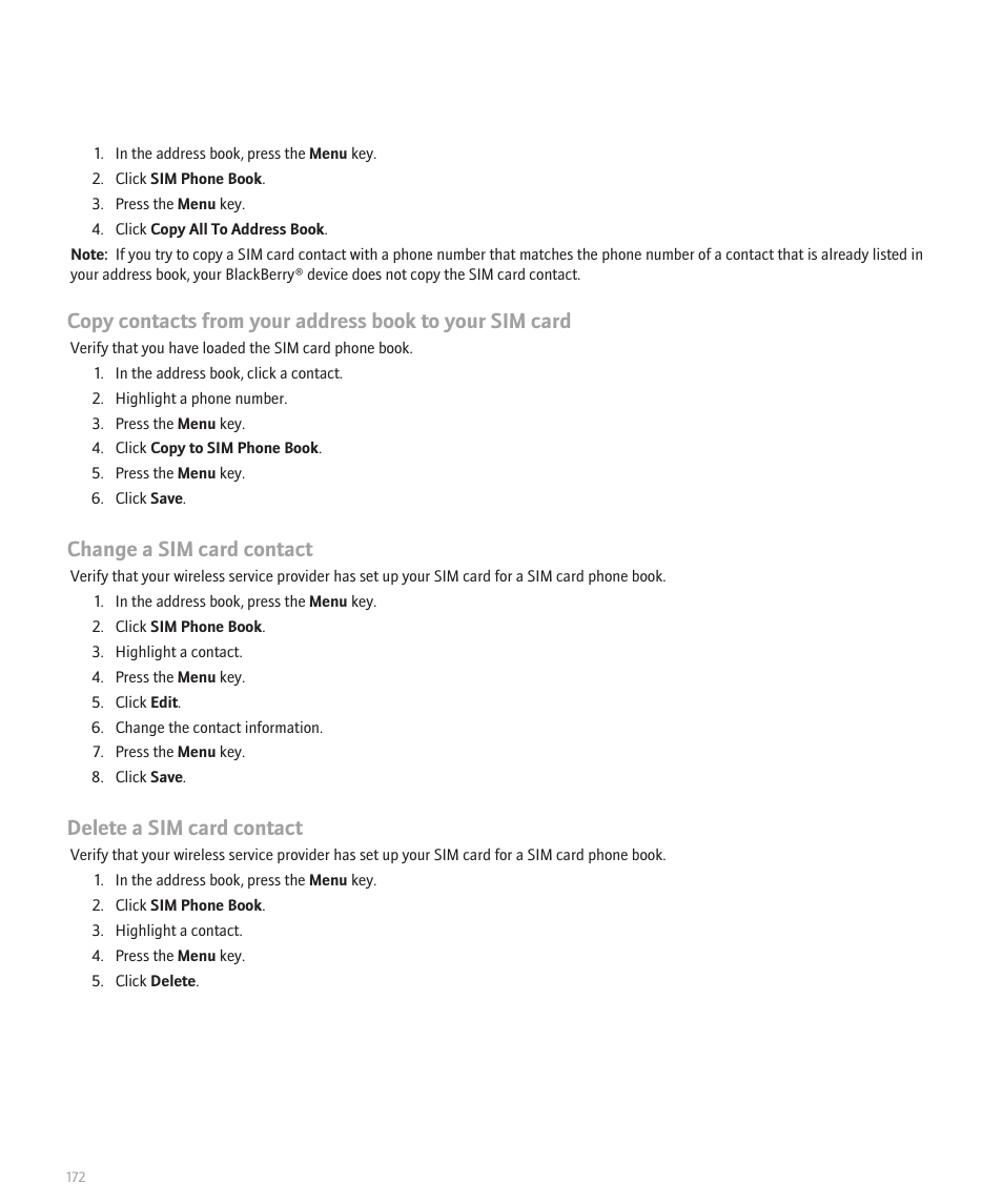Change a sim card contact, Delete a sim card contact | Blackberry 8320 User Manual | Page 174 / 288
