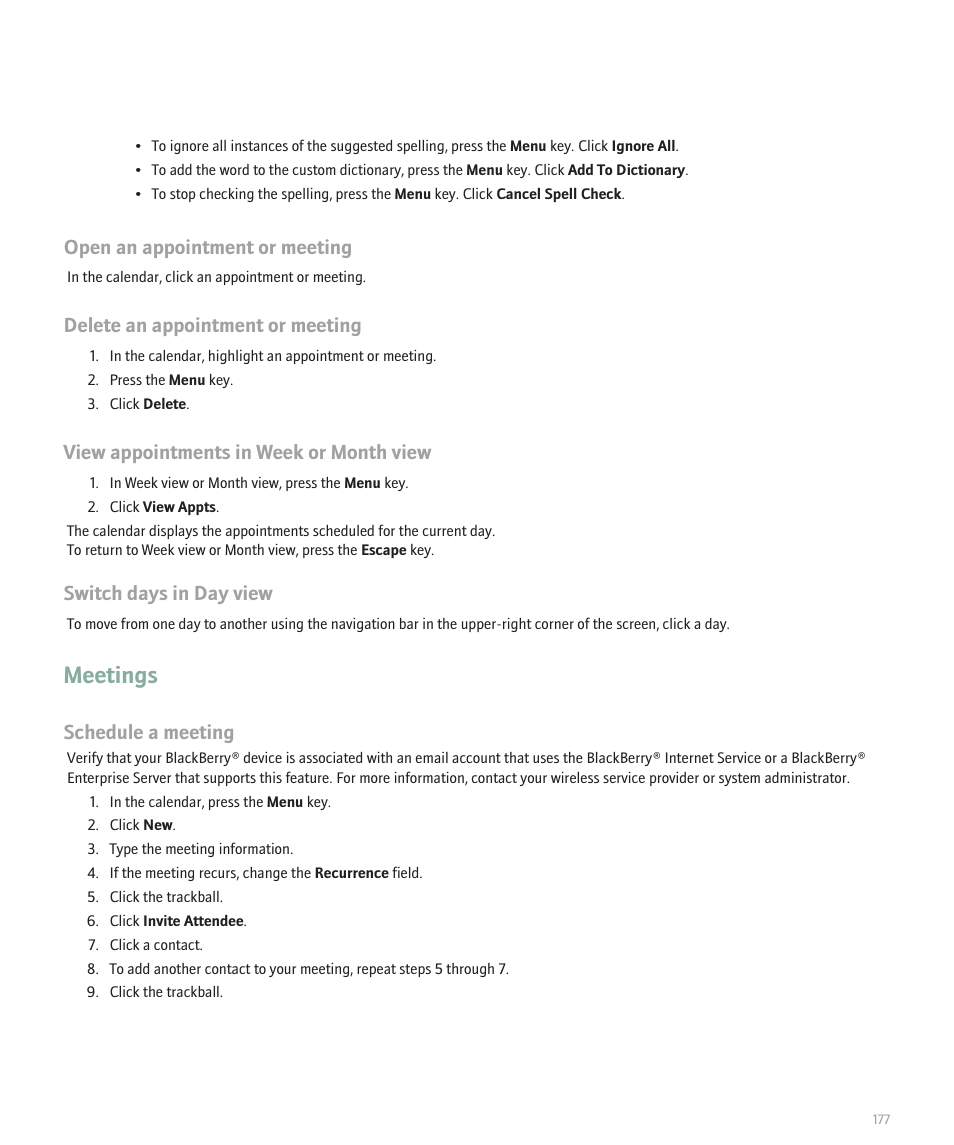 Meetings, Open an appointment or meeting, Delete an appointment or meeting | View appointments in week or month view, Switch days in day view, Schedule a meeting | Blackberry 8320 User Manual | Page 179 / 288