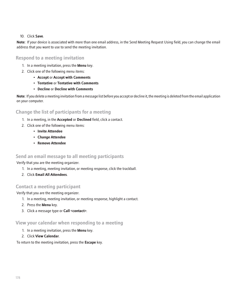 Respond to a meeting invitation, Change the list of participants for a meeting, Send an email message to all meeting participants | Contact a meeting participant, View your calendar when responding to a meeting | Blackberry 8320 User Manual | Page 180 / 288