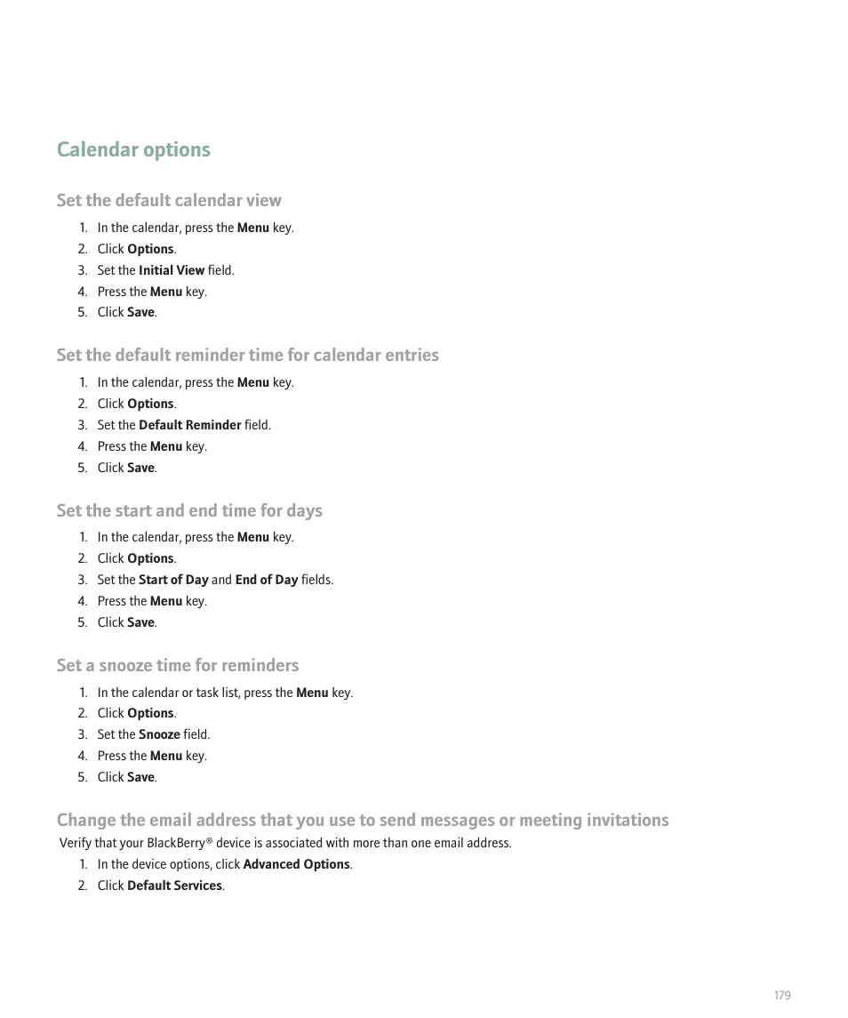 Calendar options, Set the default calendar view, Set the default reminder time for calendar entries | Set the start and end time for days, Set a snooze time for reminders | Blackberry 8320 User Manual | Page 181 / 288