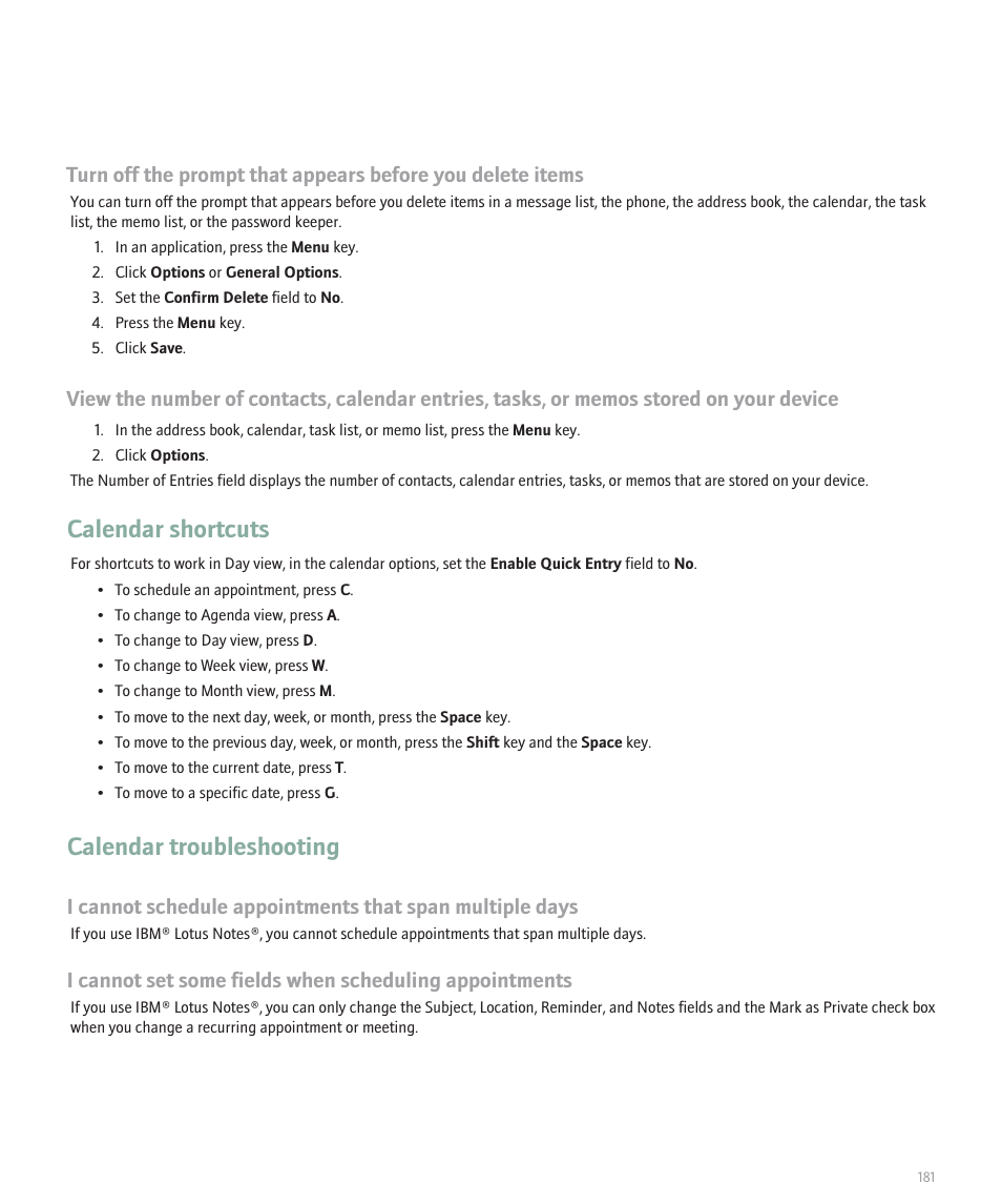 Calendar troubleshooting, Calendar shortcuts | Blackberry 8320 User Manual | Page 183 / 288