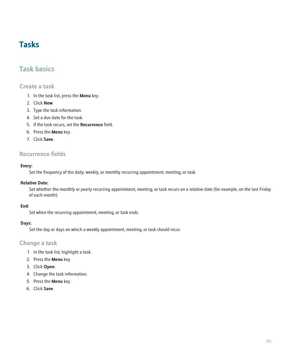 Tasks, Task basics, Create a task | Recurrence fields, Change a task | Blackberry 8320 User Manual | Page 185 / 288