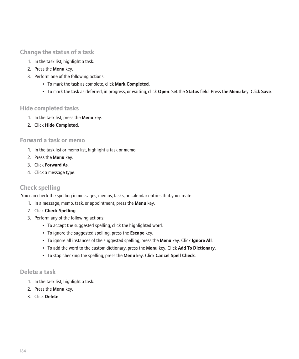 Change the status of a task, Hide completed tasks, Check spelling | Delete a task | Blackberry 8320 User Manual | Page 186 / 288