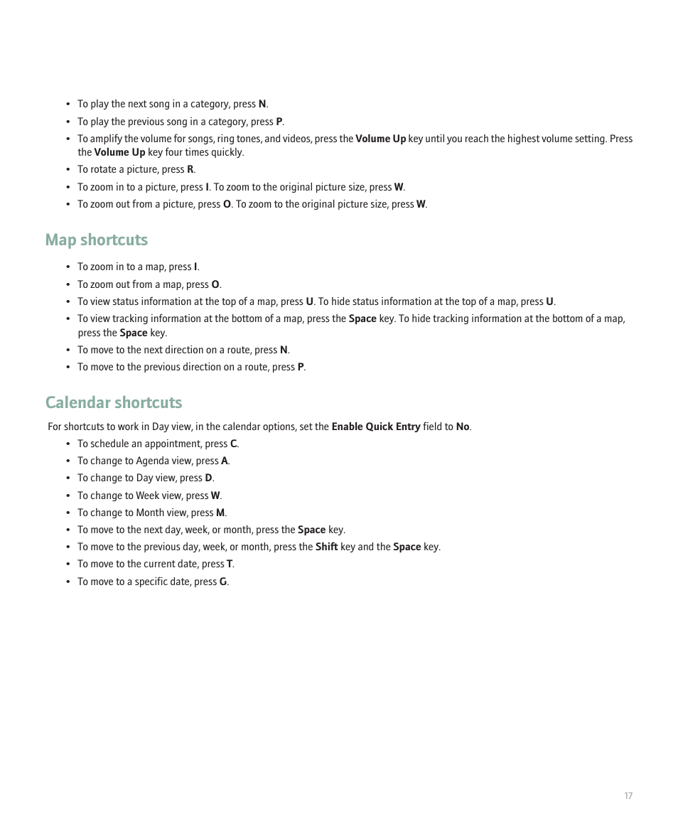 Map shortcuts, Calendar shortcuts | Blackberry 8320 User Manual | Page 19 / 288