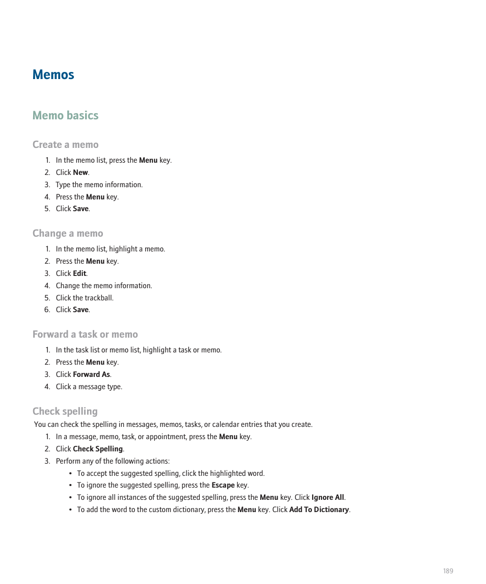 Memos, Memo basics, Check spelling | Blackberry 8320 User Manual | Page 191 / 288