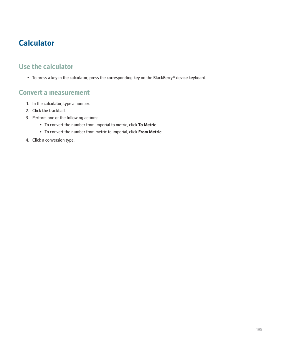 Calculator, Use the calculator, Convert a measurement | Blackberry 8320 User Manual | Page 197 / 288