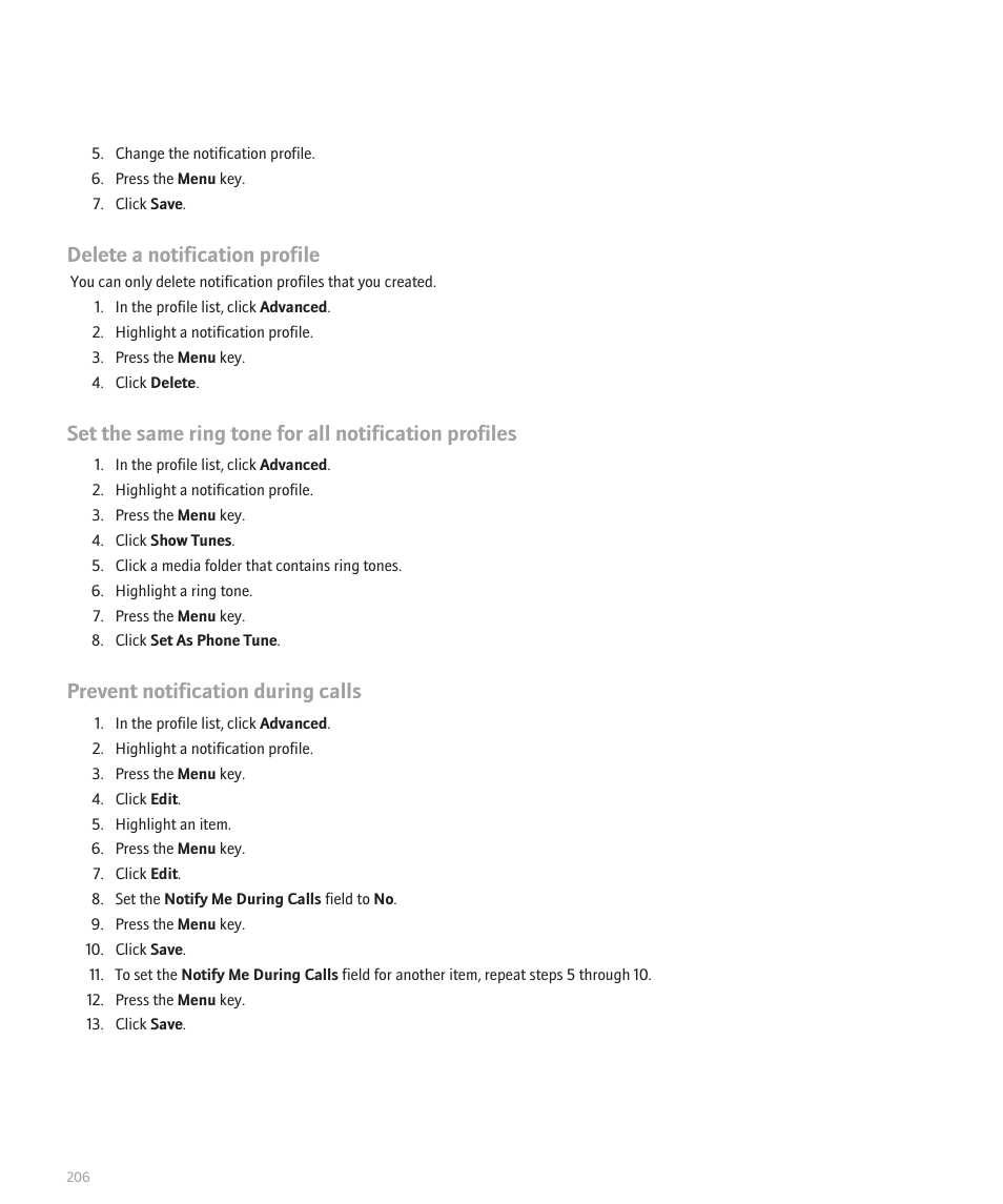 Delete a notification profile, Prevent notification during calls | Blackberry 8320 User Manual | Page 208 / 288
