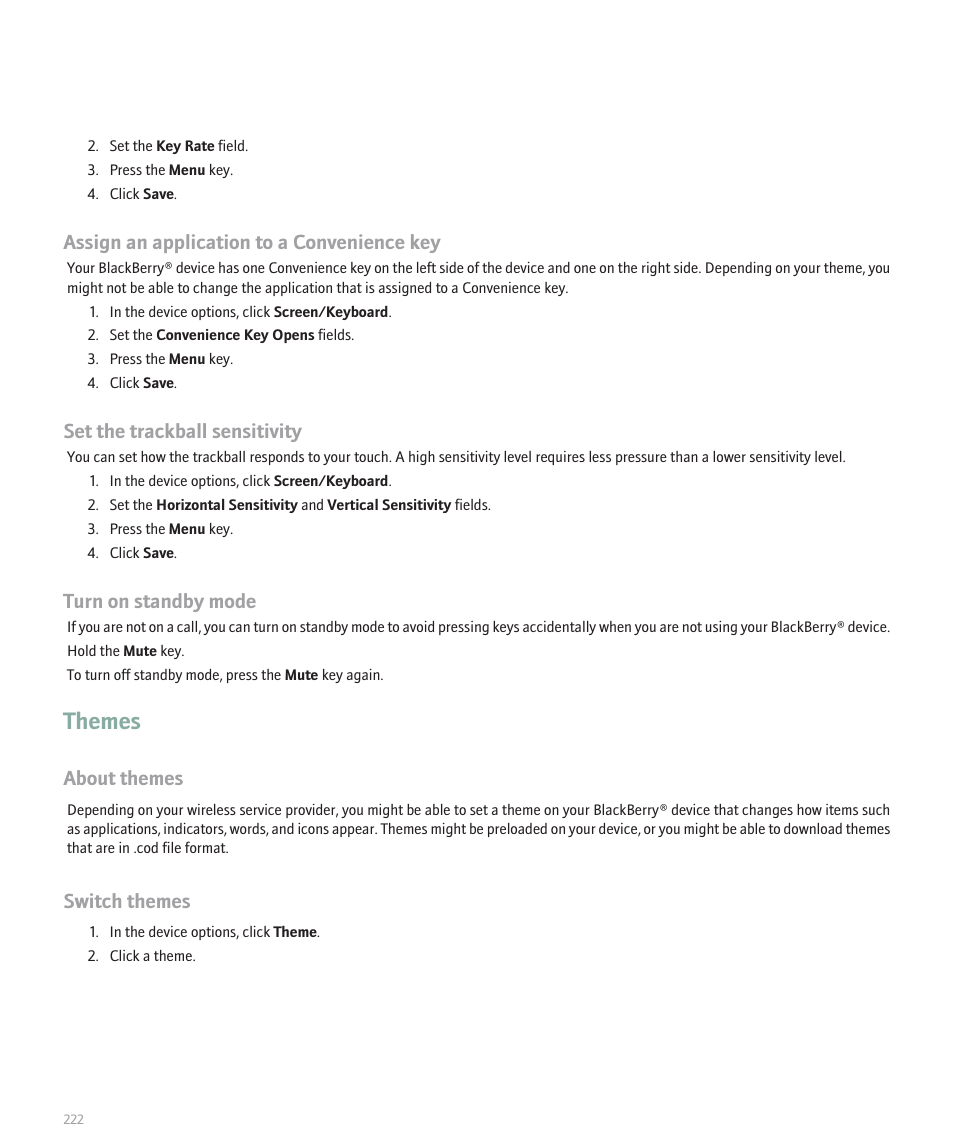 Themes, Assign an application to a convenience key, Set the trackball sensitivity | Turn on standby mode, About themes, Switch themes | Blackberry 8320 User Manual | Page 224 / 288