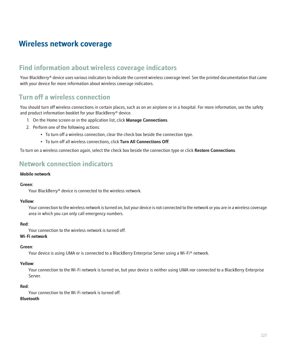 Wireless network coverage, Turn off a wireless connection, Network connection indicators | Blackberry 8320 User Manual | Page 229 / 288
