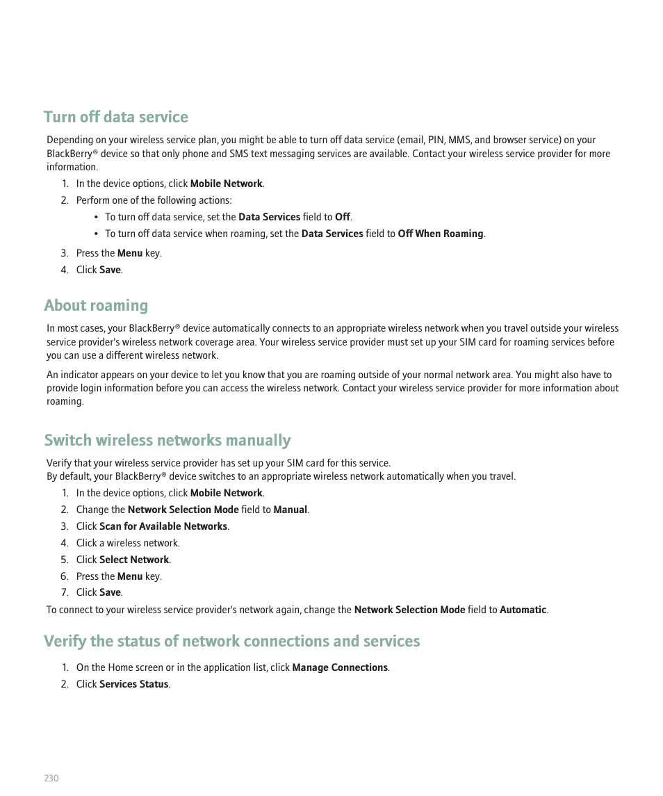 Turn off data service, About roaming, Switch wireless networks manually | Blackberry 8320 User Manual | Page 232 / 288