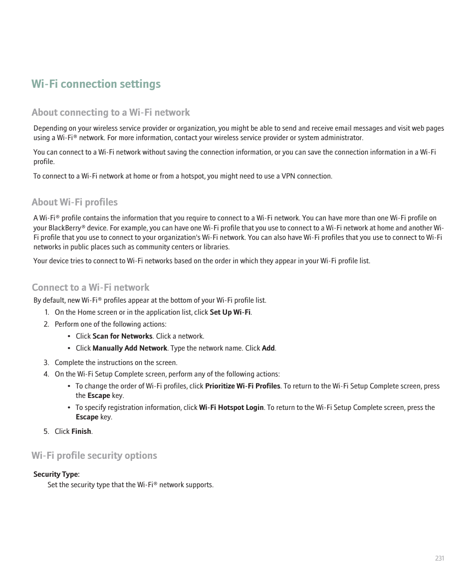 Wi-fi connection settings, About connecting to a wi-fi network, About wi-fi profiles | Connect to a wi-fi network, Wi-fi profile security options | Blackberry 8320 User Manual | Page 233 / 288