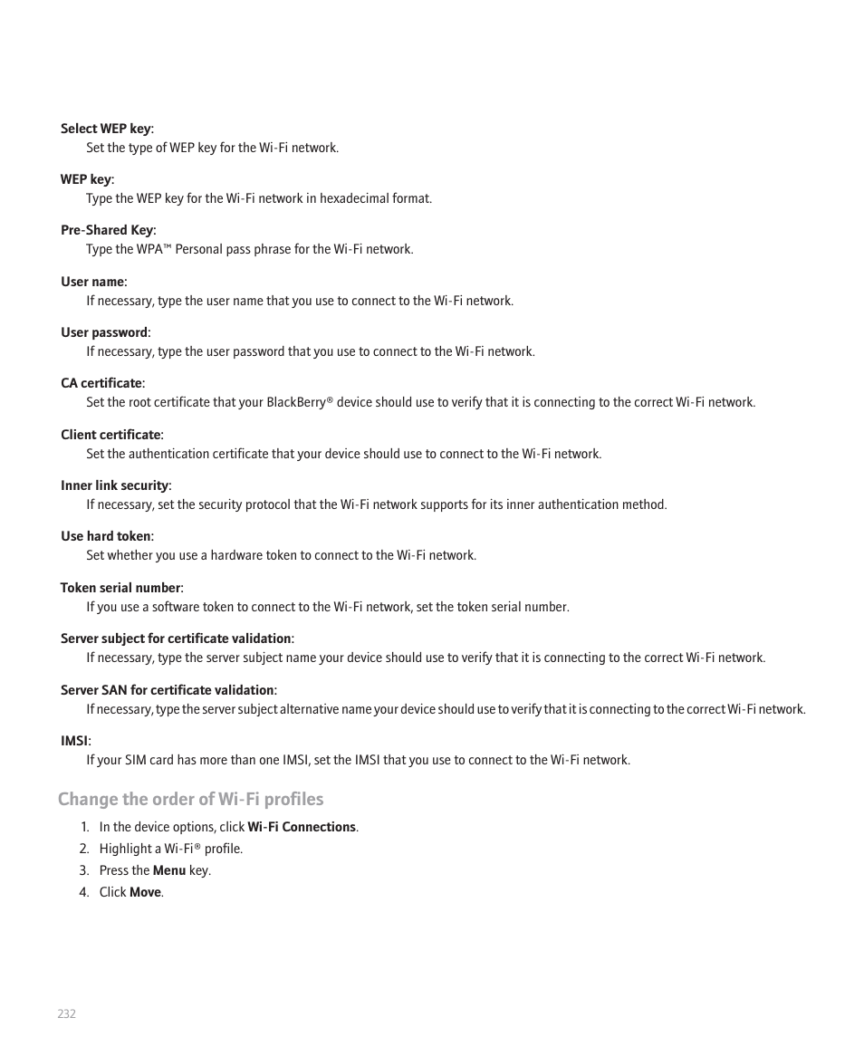 Change the order of wi-fi profiles | Blackberry 8320 User Manual | Page 234 / 288