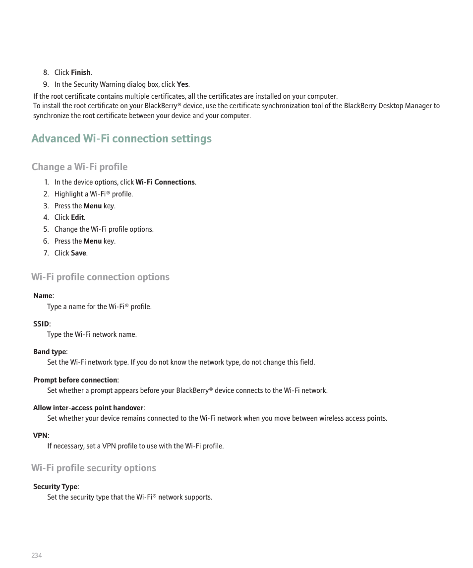 Advanced wi-fi connection settings, Change a wi-fi profile, Wi-fi profile connection options | Wi-fi profile security options | Blackberry 8320 User Manual | Page 236 / 288