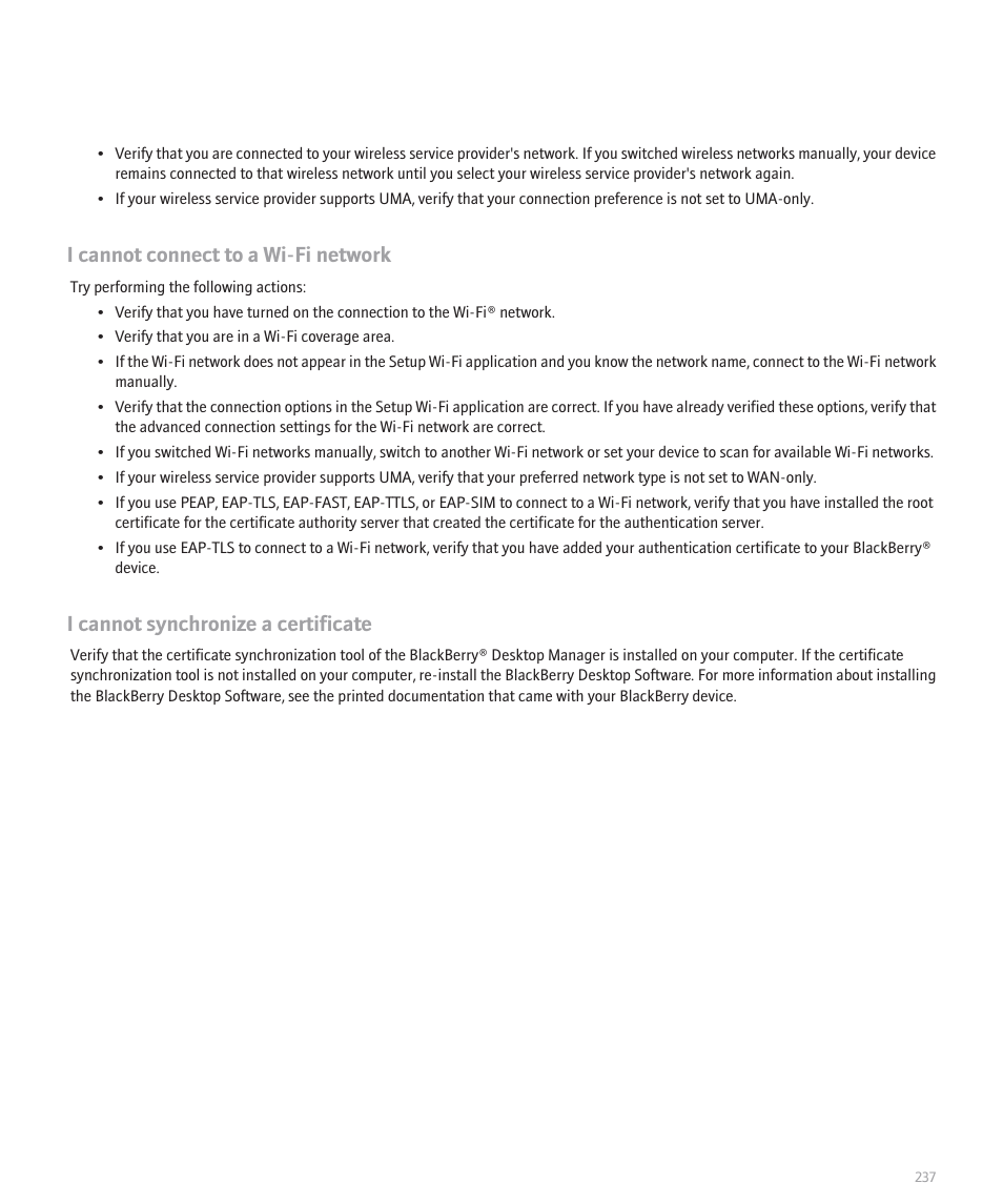 I cannot connect to a wi-fi network, I cannot synchronize a certificate | Blackberry 8320 User Manual | Page 239 / 288