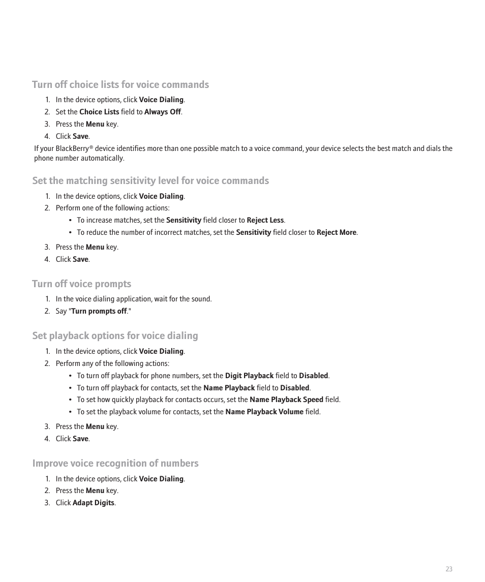 Turn off choice lists for voice commands, Turn off voice prompts, Set playback options for voice dialing | Improve voice recognition of numbers | Blackberry 8320 User Manual | Page 25 / 288