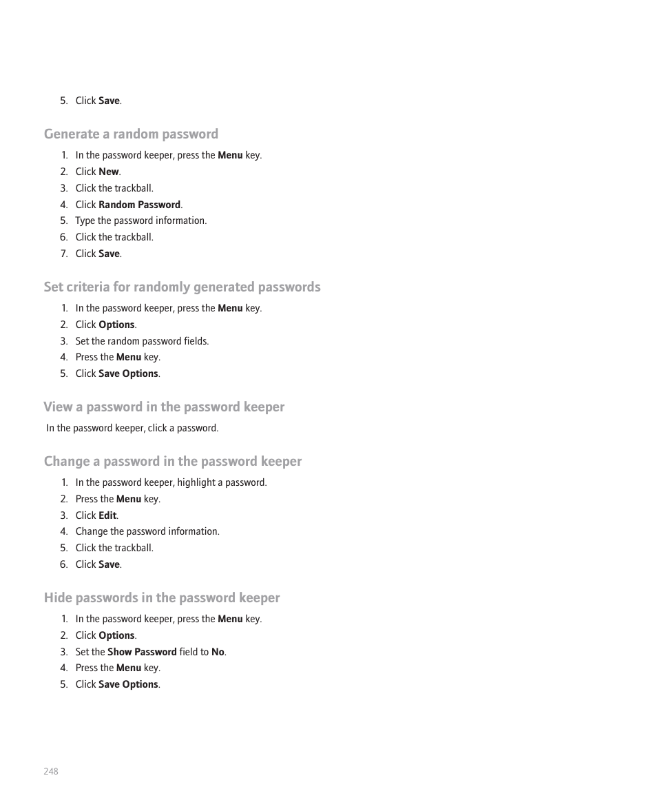 Generate a random password, Set criteria for randomly generated passwords, View a password in the password keeper | Change a password in the password keeper, Hide passwords in the password keeper | Blackberry 8320 User Manual | Page 250 / 288