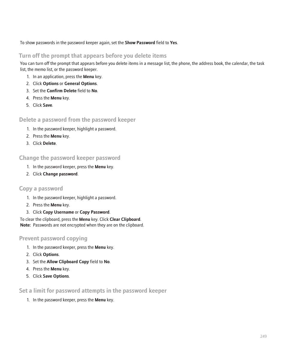 Delete a password from the password keeper, Change the password keeper password, Copy a password | Prevent password copying | Blackberry 8320 User Manual | Page 251 / 288