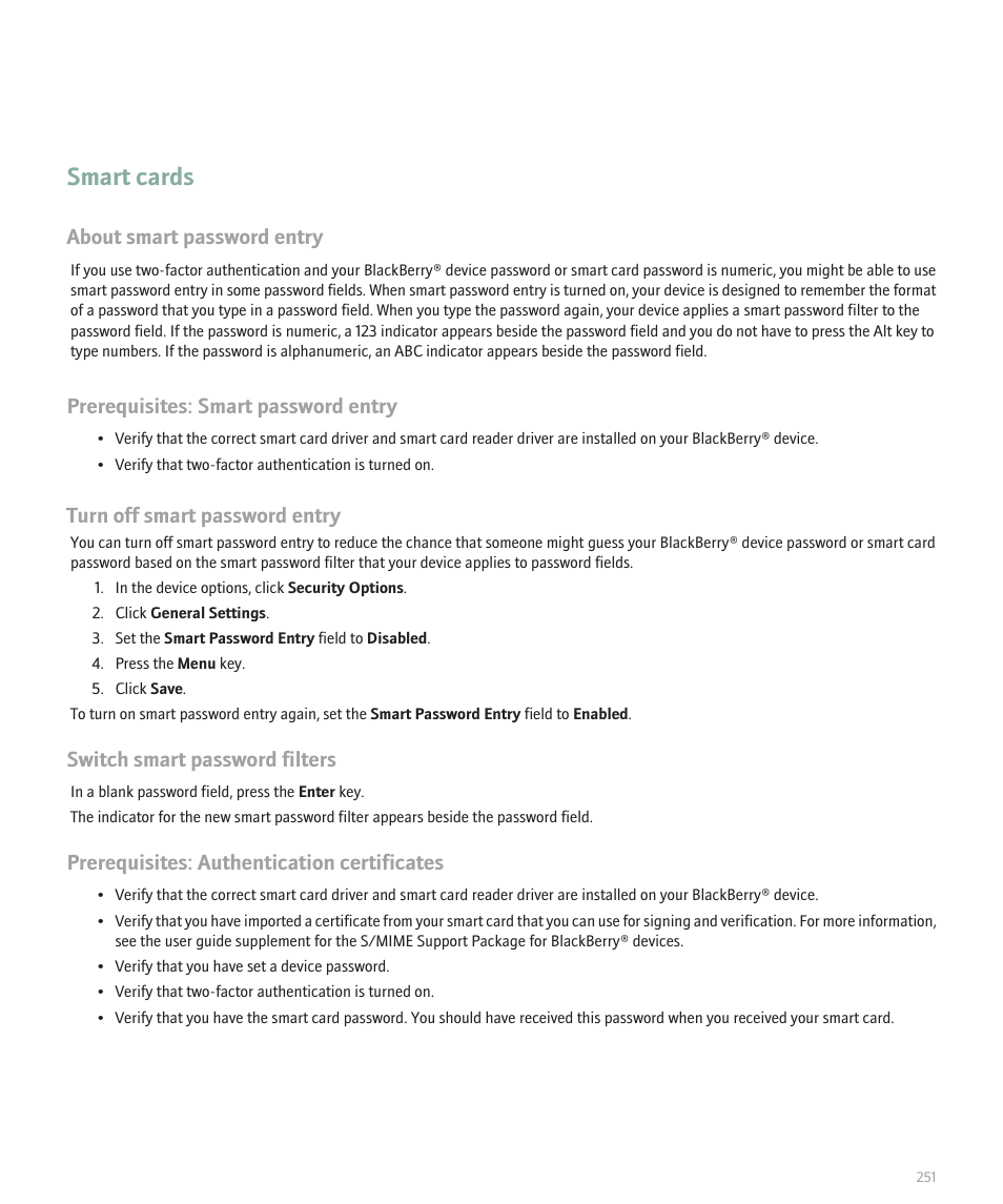 Smart cards, About smart password entry, Prerequisites: smart password entry | Turn off smart password entry, Switch smart password filters, Prerequisites: authentication certificates | Blackberry 8320 User Manual | Page 253 / 288