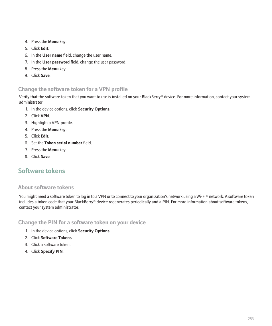 Software tokens, Change the software token for a vpn profile, About software tokens | Change the pin for a software token on your device | Blackberry 8320 User Manual | Page 255 / 288