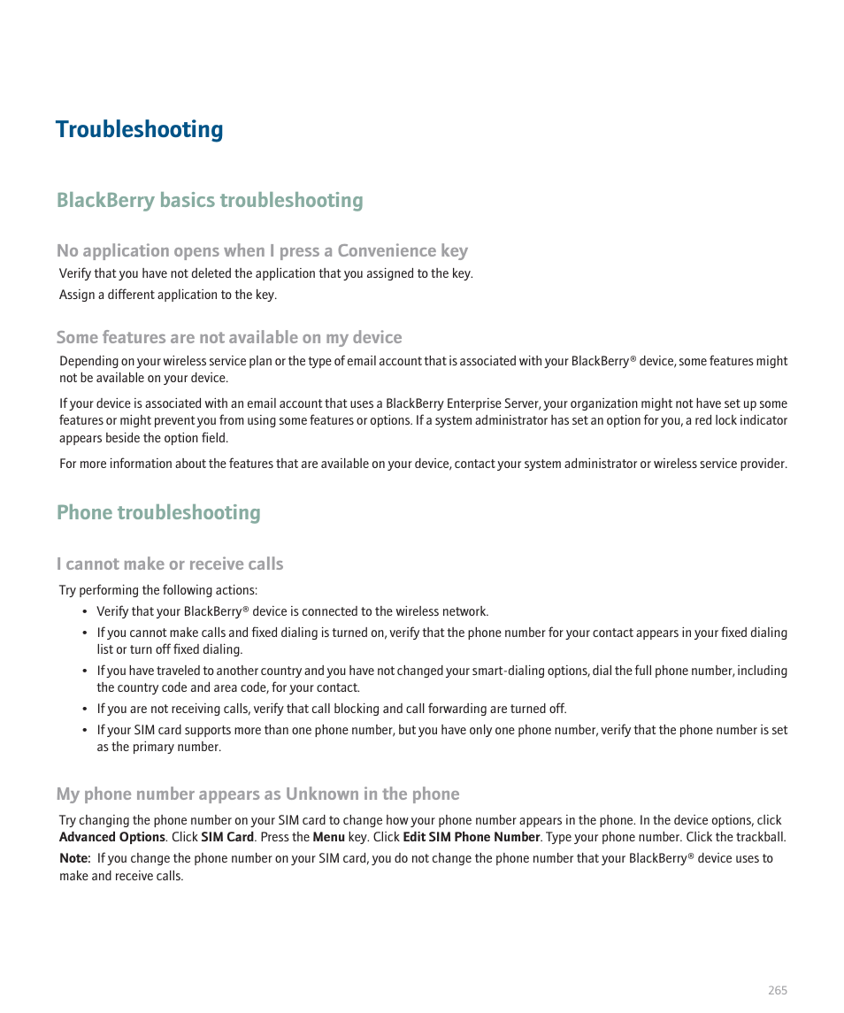 Troubleshooting, Blackberry basics troubleshooting, Phone troubleshooting | Blackberry 8320 User Manual | Page 267 / 288