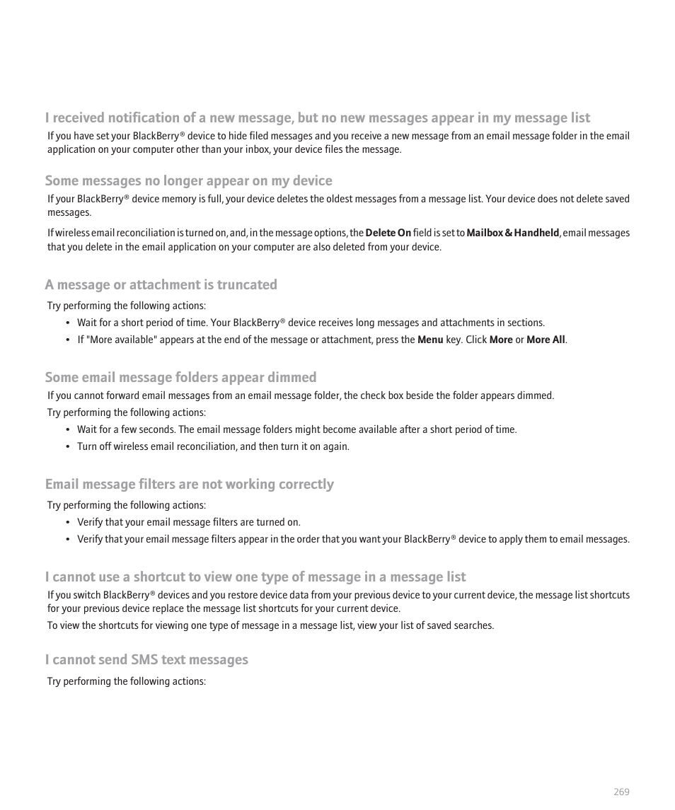 Some messages no longer appear on my device, A message or attachment is truncated, Some email message folders appear dimmed | Email message filters are not working correctly, I cannot send sms text messages | Blackberry 8320 User Manual | Page 271 / 288