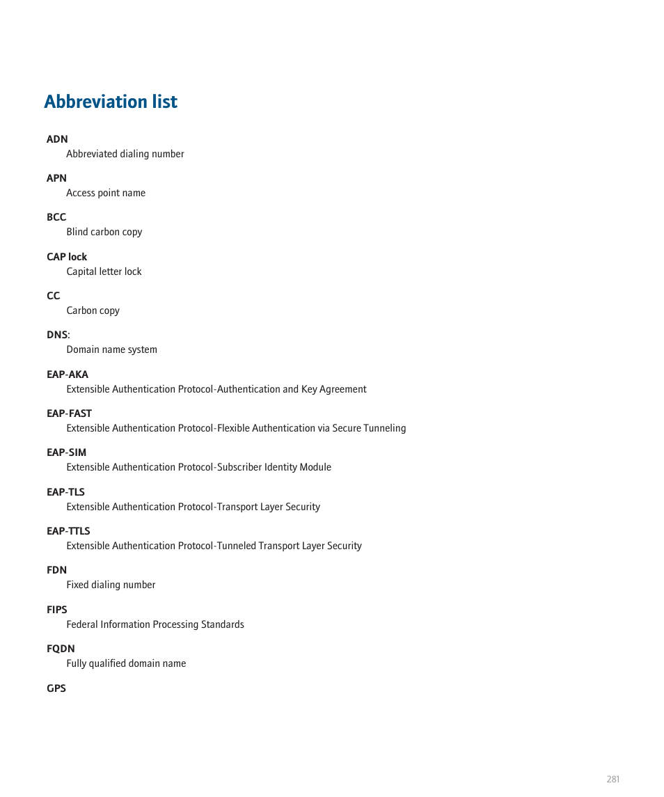 Abbreviation list | Blackberry 8320 User Manual | Page 283 / 288