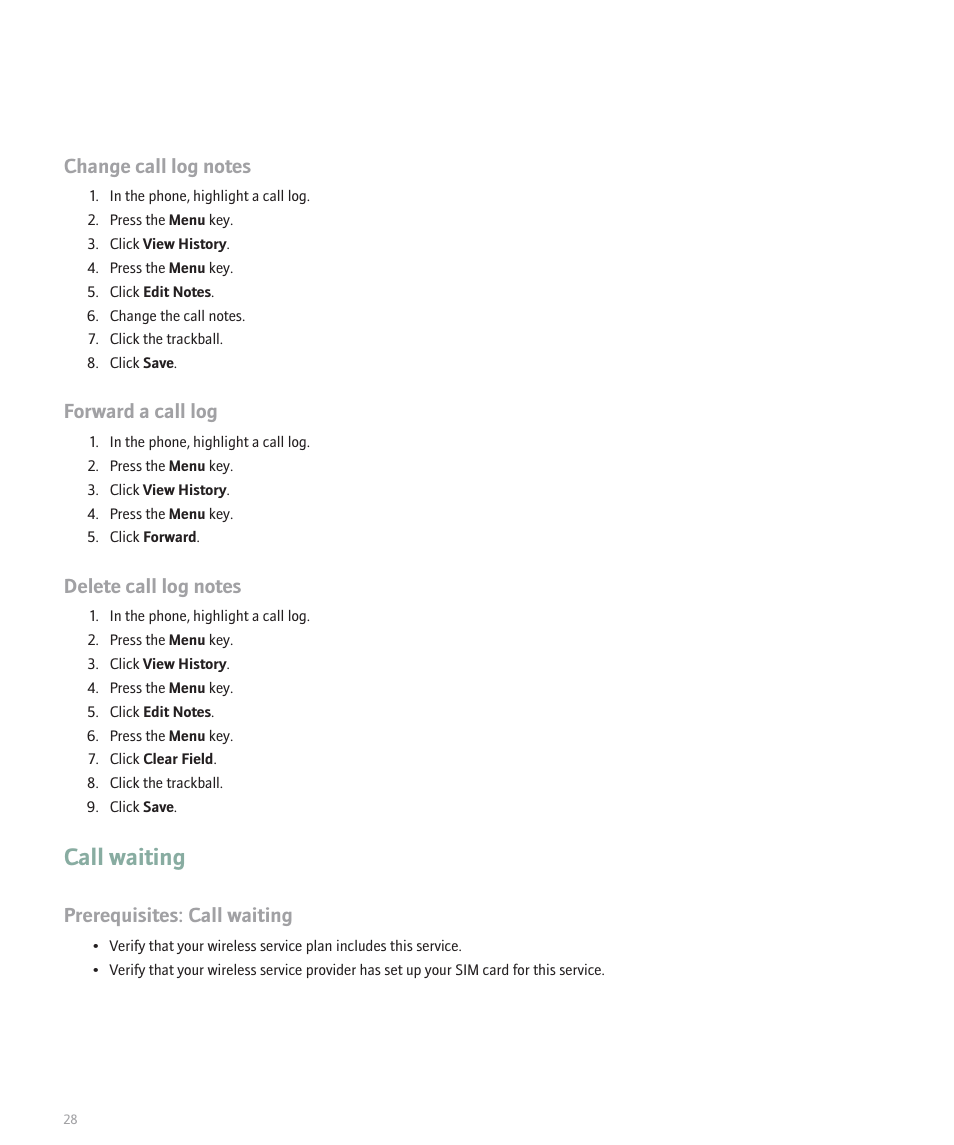 Call waiting, Forward a call log, Prerequisites: call waiting | Blackberry 8320 User Manual | Page 30 / 288