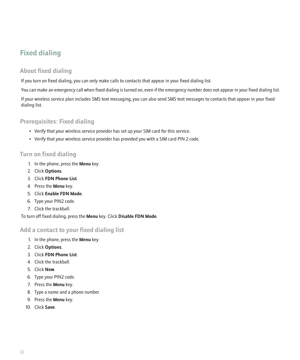 Fixed dialing, About fixed dialing, Prerequisites: fixed dialing | Turn on fixed dialing, Add a contact to your fixed dialing list | Blackberry 8320 User Manual | Page 34 / 288
