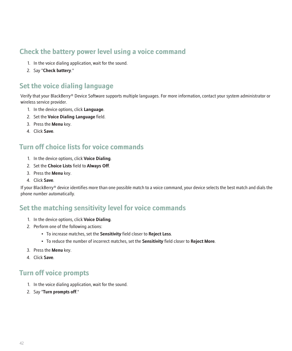 Set the voice dialing language, Turn off choice lists for voice commands, Turn off voice prompts | Blackberry 8320 User Manual | Page 44 / 288