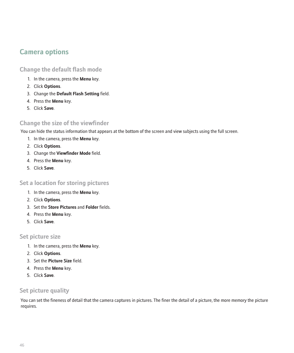 Camera options, Change the default flash mode, Change the size of the viewfinder | Set a location for storing pictures, Set picture size, Set picture quality | Blackberry 8320 User Manual | Page 48 / 288