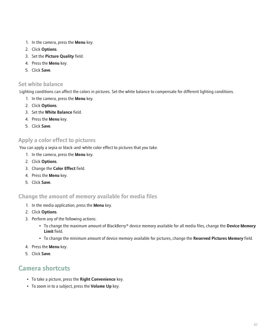 Camera shortcuts, Set white balance, Apply a color effect to pictures | Blackberry 8320 User Manual | Page 49 / 288