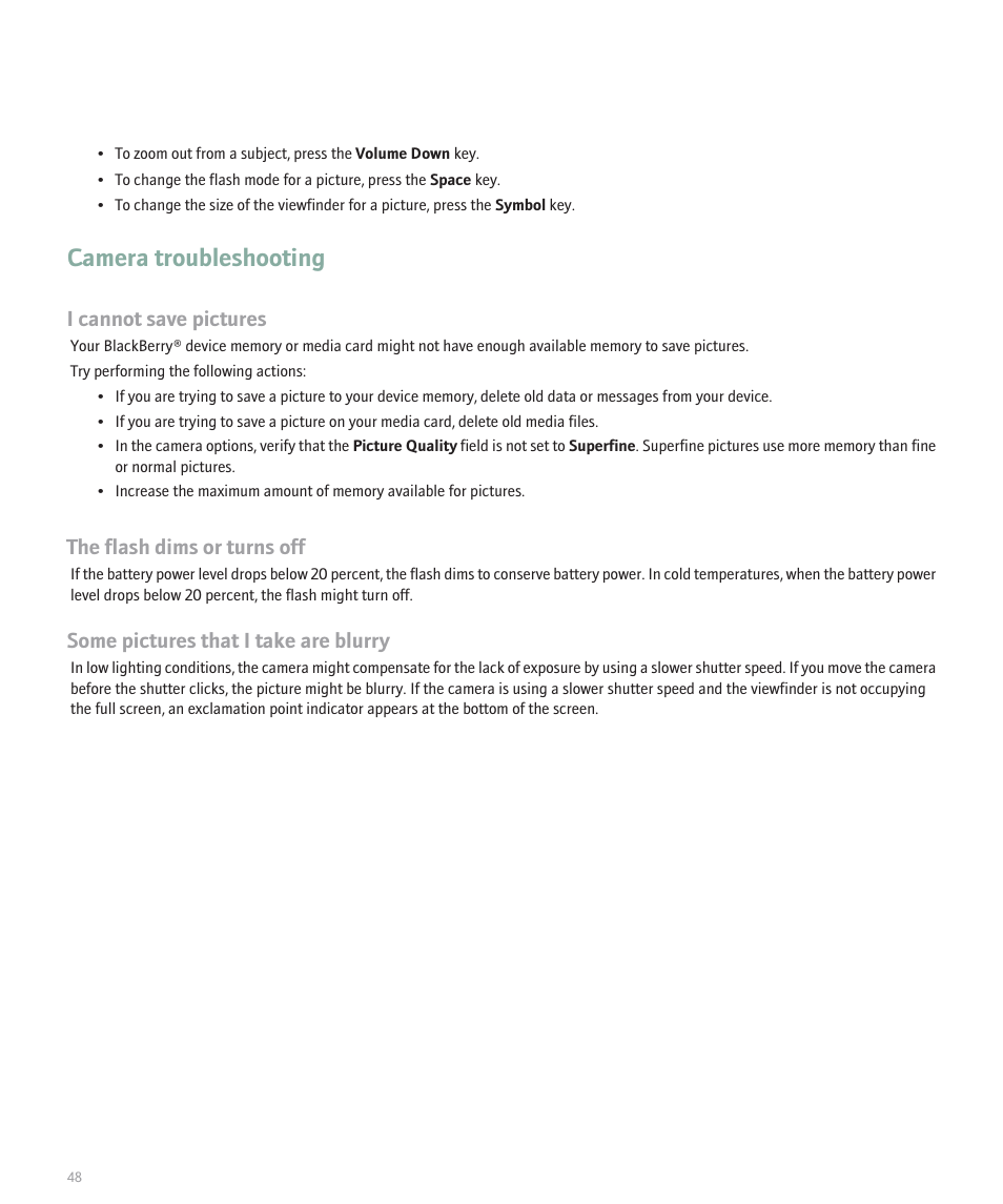 Camera troubleshooting, I cannot save pictures, The flash dims or turns off | Some pictures that i take are blurry | Blackberry 8320 User Manual | Page 50 / 288