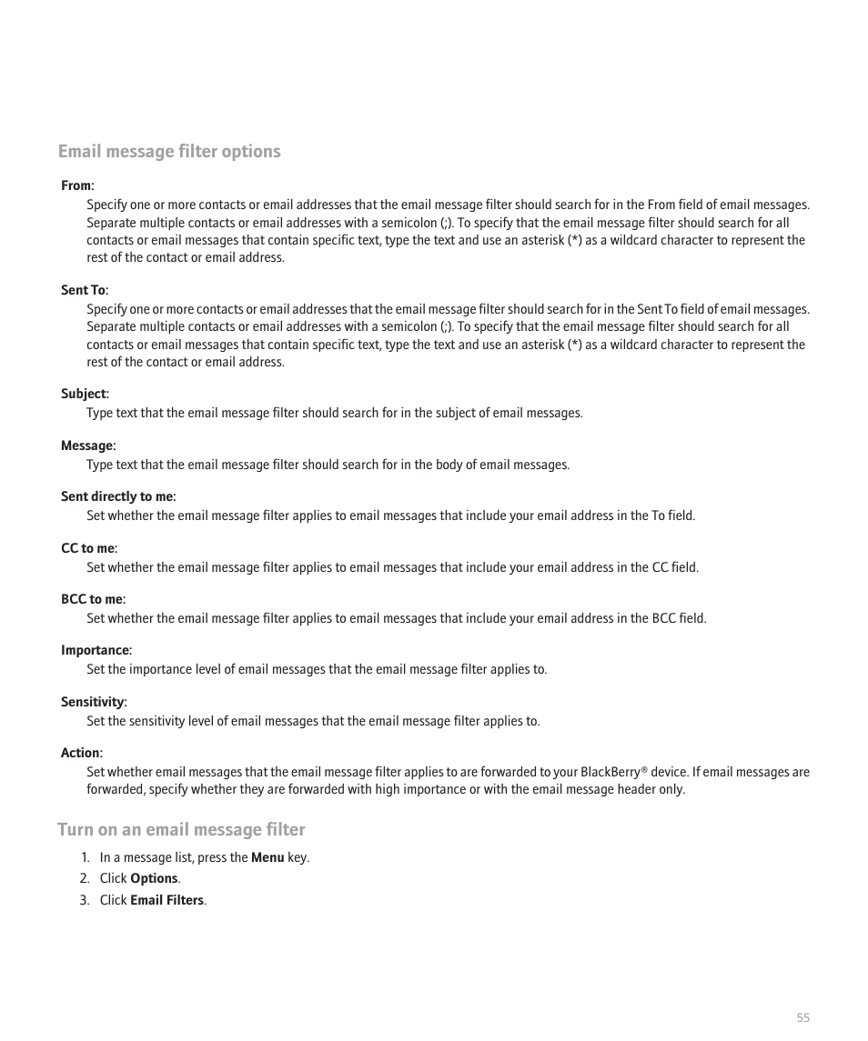 Email message filter options, Turn on an email message filter | Blackberry 8320 User Manual | Page 57 / 288