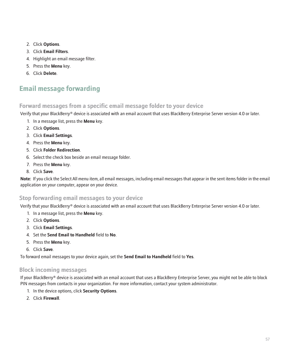 Email message forwarding, Stop forwarding email messages to your device, Block incoming messages | Blackberry 8320 User Manual | Page 59 / 288