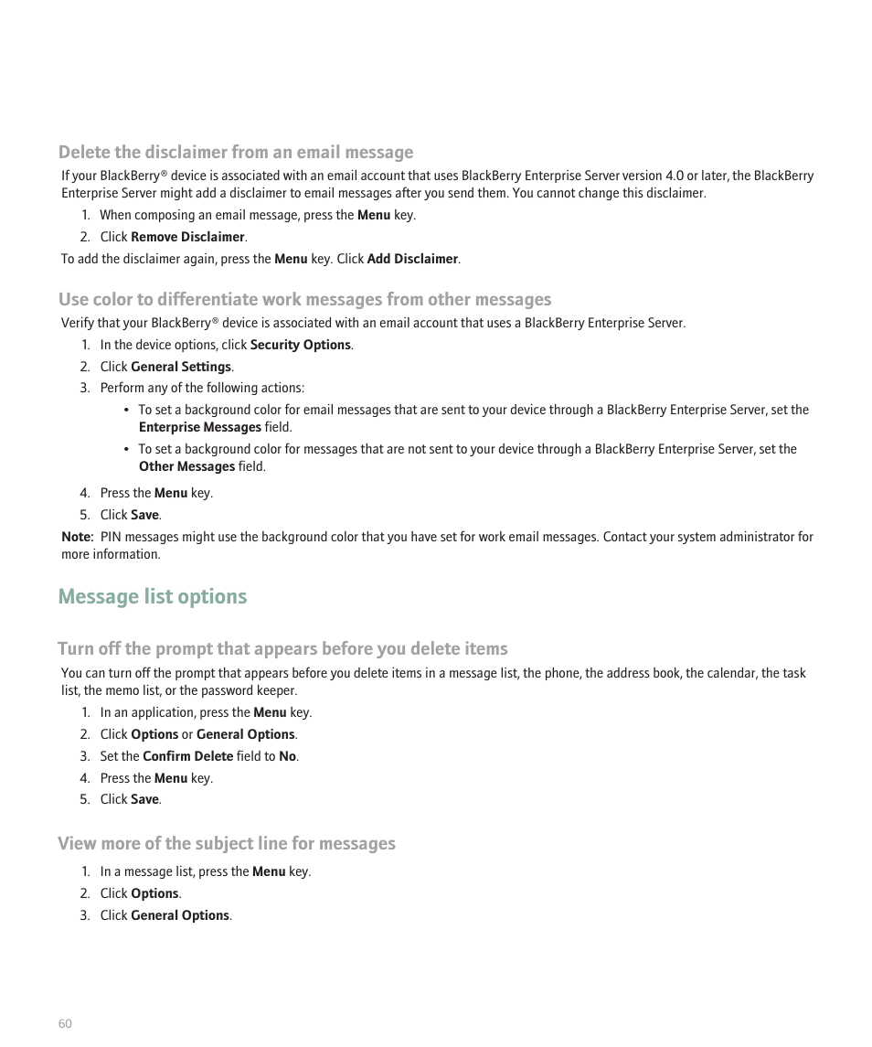 Message list options, Delete the disclaimer from an email message, View more of the subject line for messages | Blackberry 8320 User Manual | Page 62 / 288