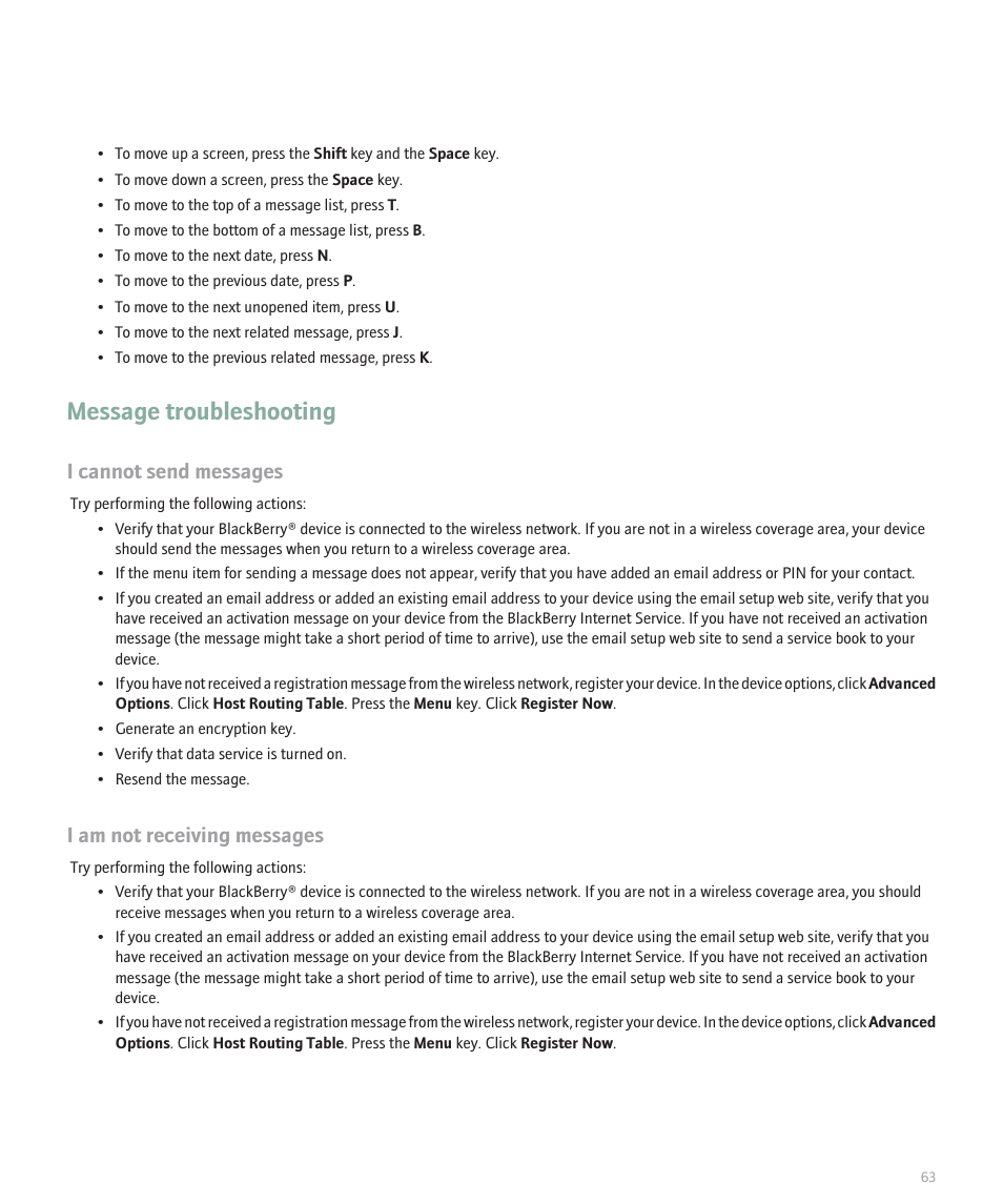 Message troubleshooting, I cannot send messages, I am not receiving messages | Blackberry 8320 User Manual | Page 65 / 288